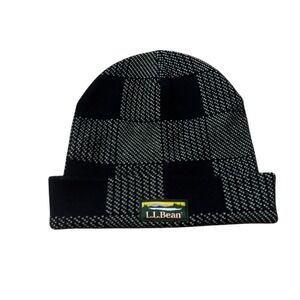 LL Bean Beanie Hat Navy Blue White Buffalo Check‎ Plaid Katahdin Logo Soft Warm
